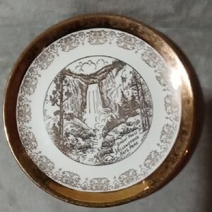 Great Falls Yellowstone Park & Old Faithful, Gold and White Souvenir Box Plate